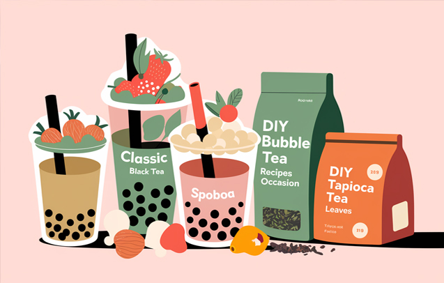 A colorful display of homemade bubble tea varieties, featuring classic, fruity, and dessert-inspired flavors prepared with Popping Bobby's premium ingredients.