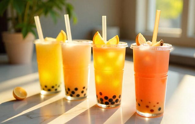 An array of Popping Bobby bubble teas, highlighting a selection from classic to exotic flavors, beautifully arranged to showcase the diverse taste�profiles.