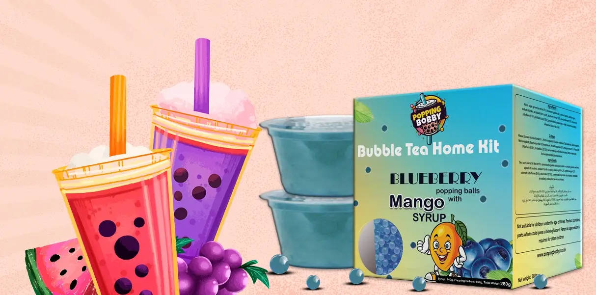 Illustration of Popping Bobby Bubble Tea Home Kit featuring blueberry popping balls and mango syrup.