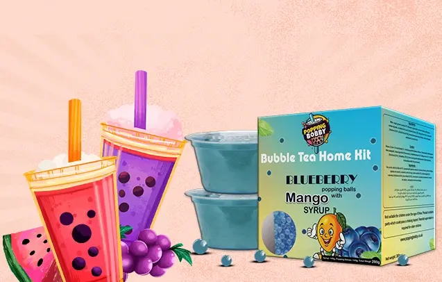Illustration of Popping Bobby Bubble Tea Home Kit featuring blueberry popping balls and mango syrup.