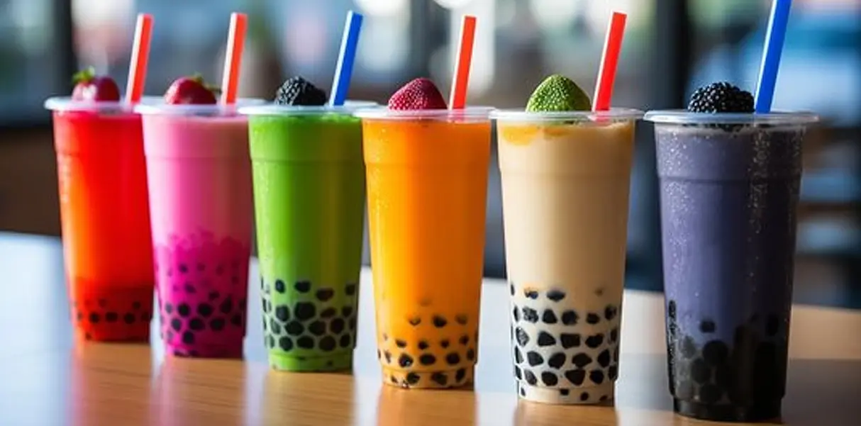 Colorful bubble tea drinks in clear cups with tapioca pearls and fruit toppings on a wooden table.