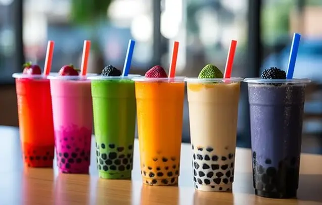 Colorful bubble tea drinks in clear cups with tapioca pearls and fruit toppings on a wooden table.