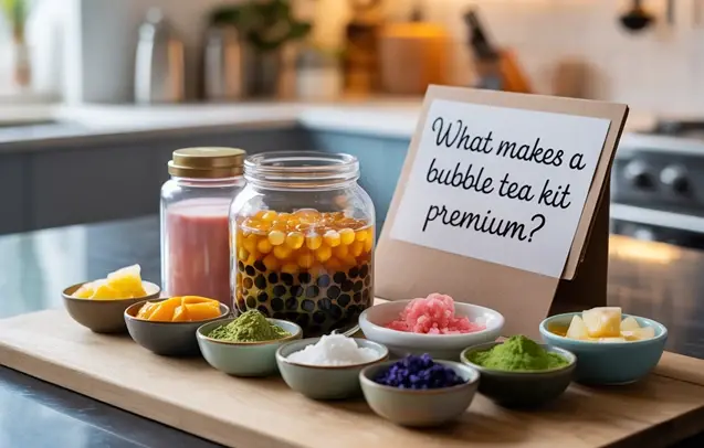 Assorted bubble tea ingredients and toppings displayed beside a sign reading “What makes a bubble tea kit premium?” on a kitchen counter.