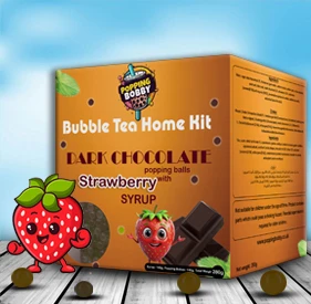 280g pack of Dark Chocolate Popping Balls with Strawberry Syrup.