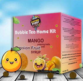 Bubble Tea Home Kit containing 280g of Mango Popping Balls in Passion Fruit Syrup.