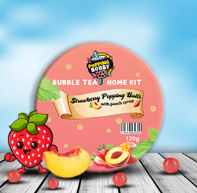 120g pack of Popping Bobby Strawberry Popping Balls with Peach Syrup, featuring a colorful design with fruit illustrations.