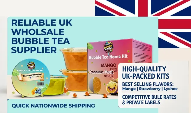 Popping Bobby bubble tea home kits with UK flag, showcasing wholesale packaging and top-selling flavours like Mango, Strawberry, and Lychee.