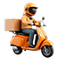 Delivery icon showing a rider in orange gear on a scooter carrying a package.