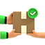 Order icon showing two hands exchanging a cardboard box with a green checkmark.